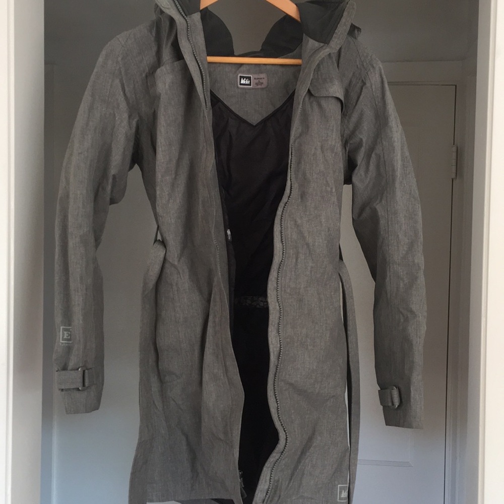 rei waterproof grey long jacket